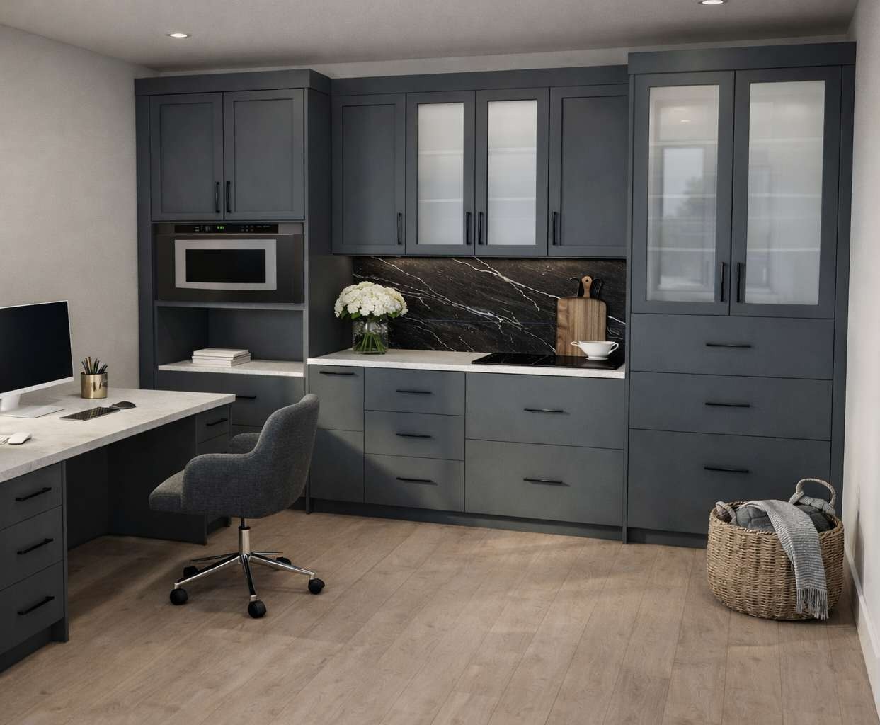 Custom office desk and kitchen cabinet millwork