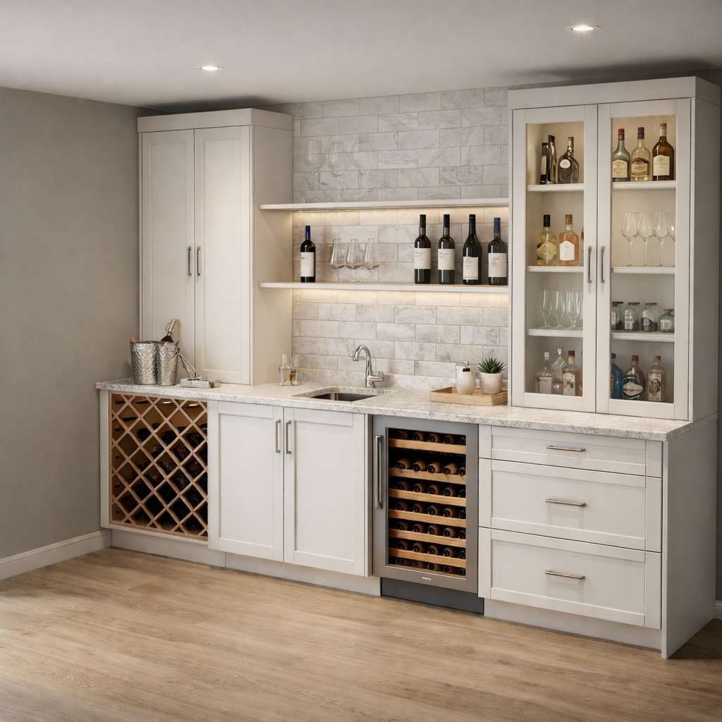 Built-in bar cabinet with display storage, wine lattice and wine refrigerator