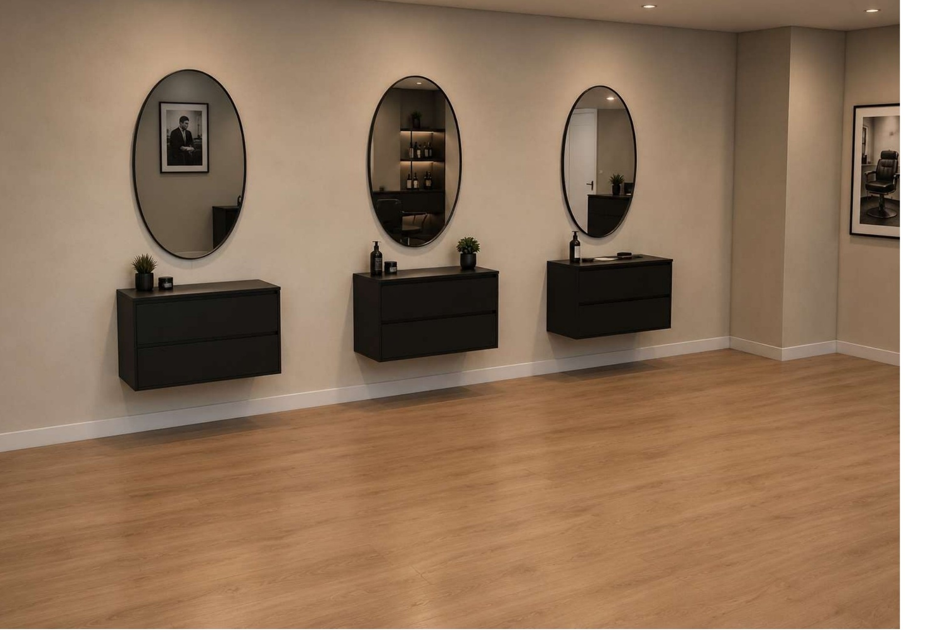 Custom barber shop with three dark floating grooming stations and oval mirrors