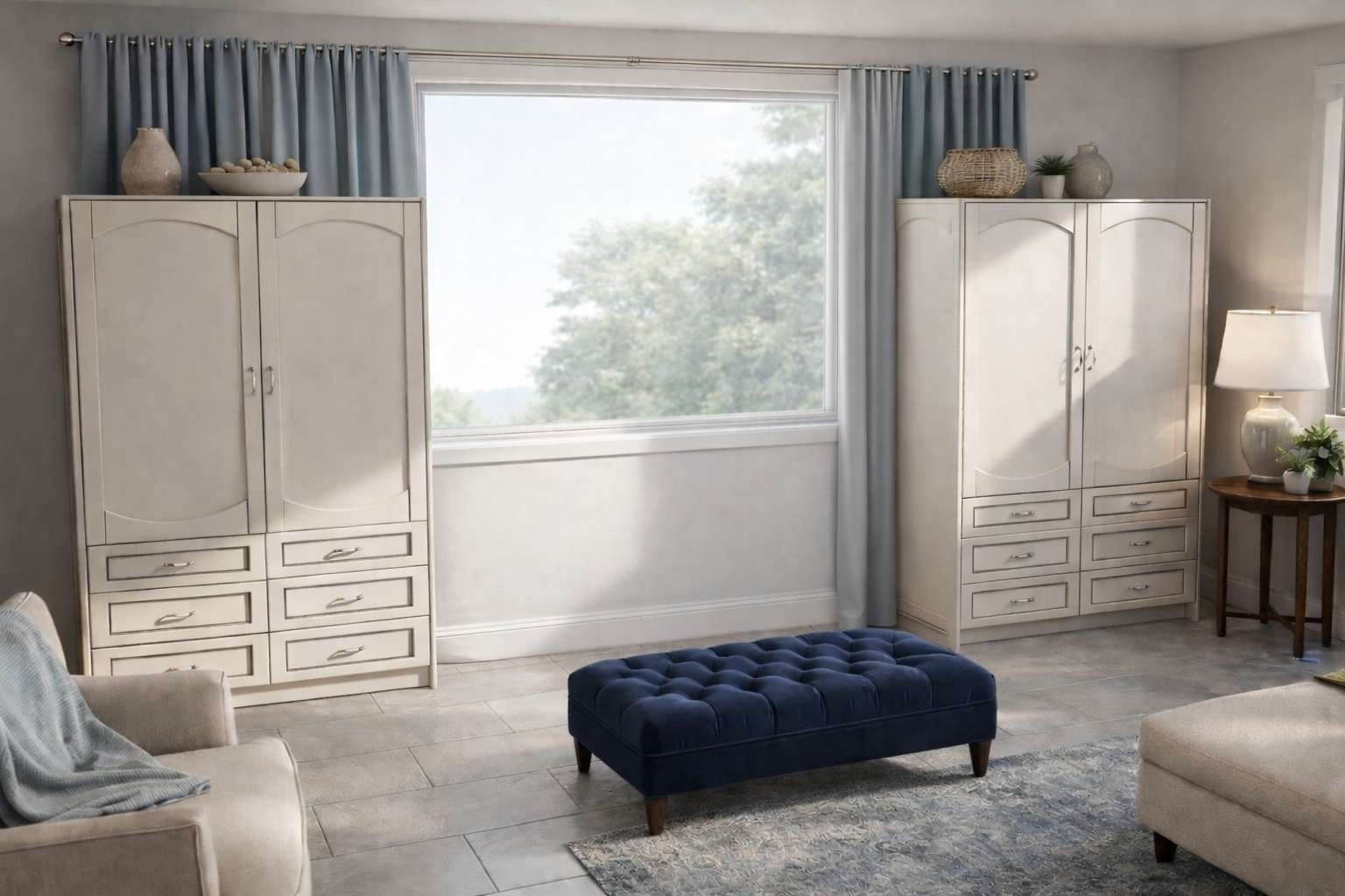 Custom closet towers flanking a bedroom window