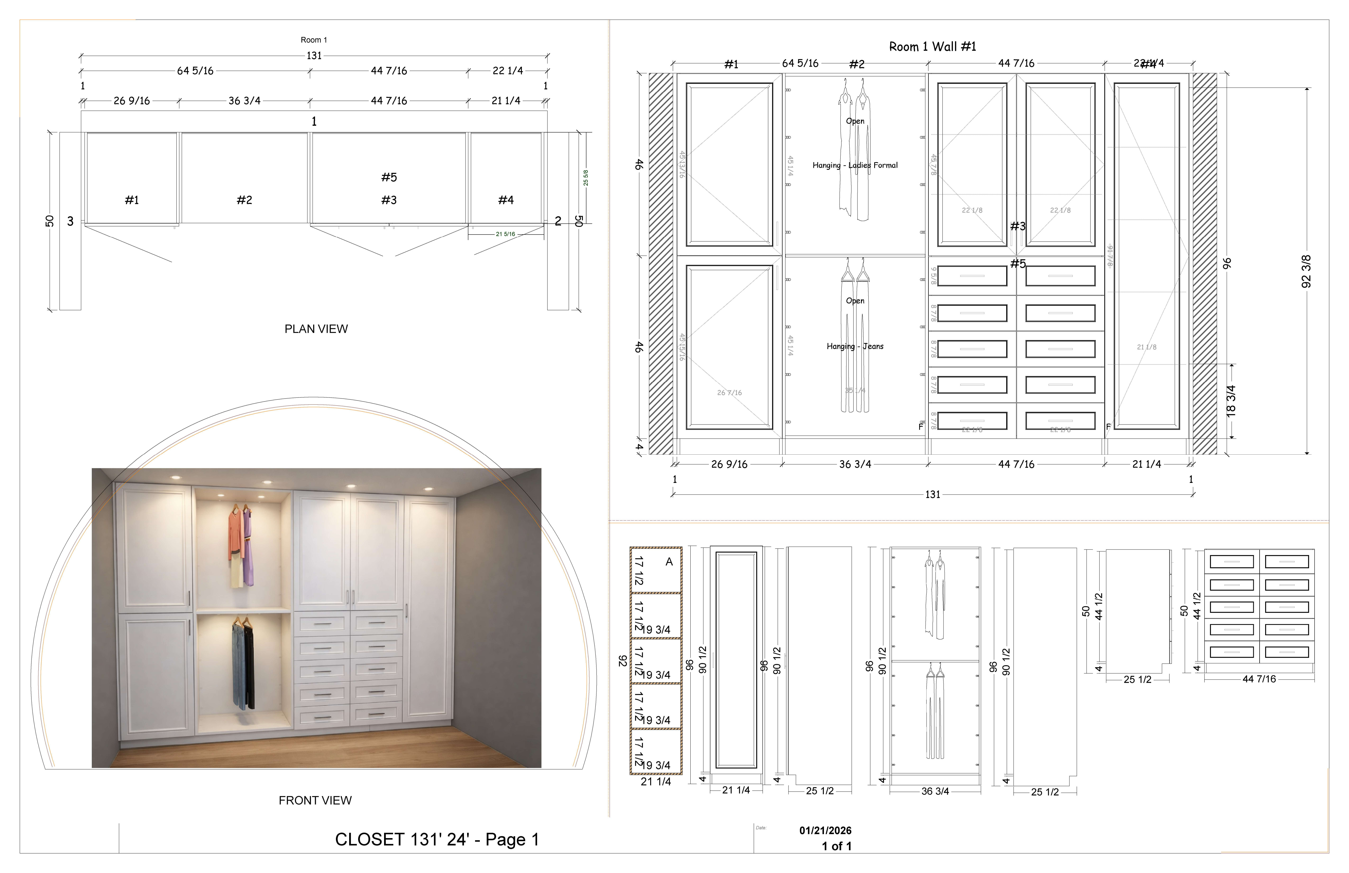 The complete original closet project sheet, including its 3D rendering, plan, front elevation and cabinet detail drawings