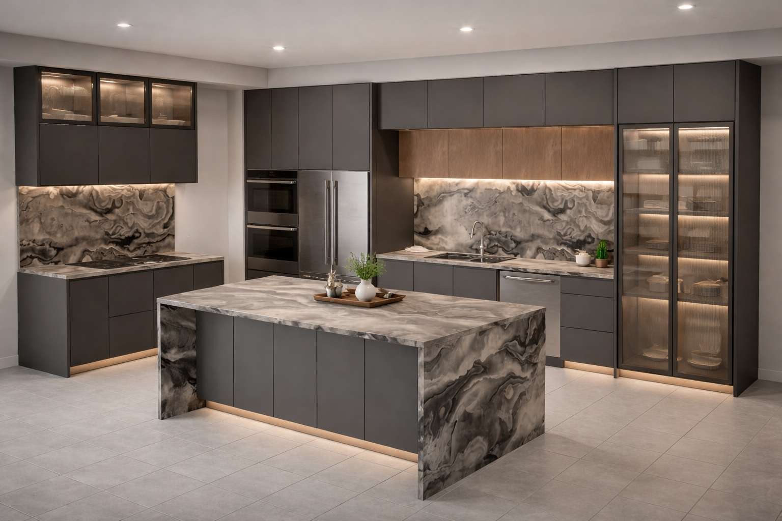 Asadi Design custom kitchen with charcoal cabinetry, a stone island and warm integrated lighting