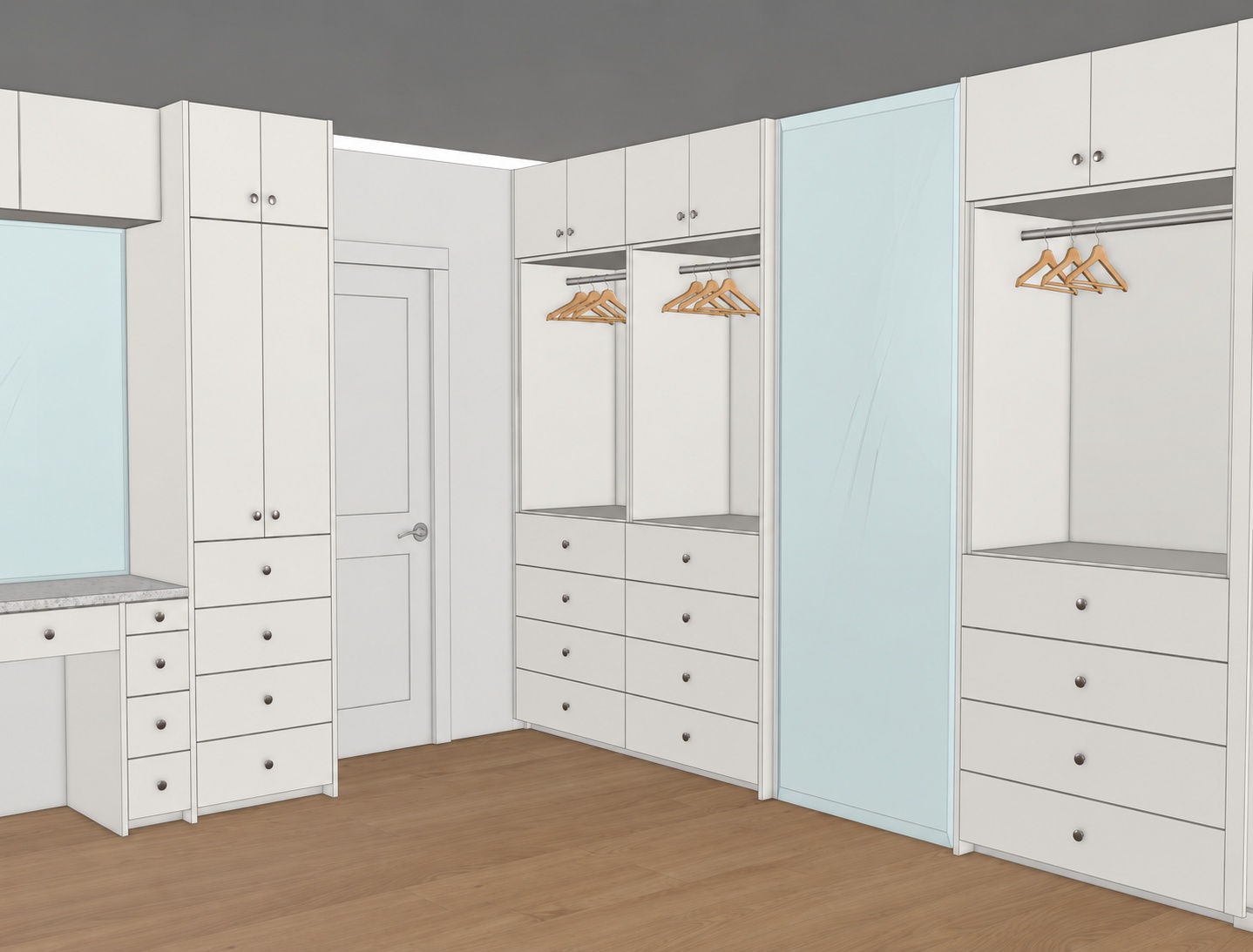 Custom walk-in closet with a dressing vanity, mirrored panels, hanging storage and drawer banks
