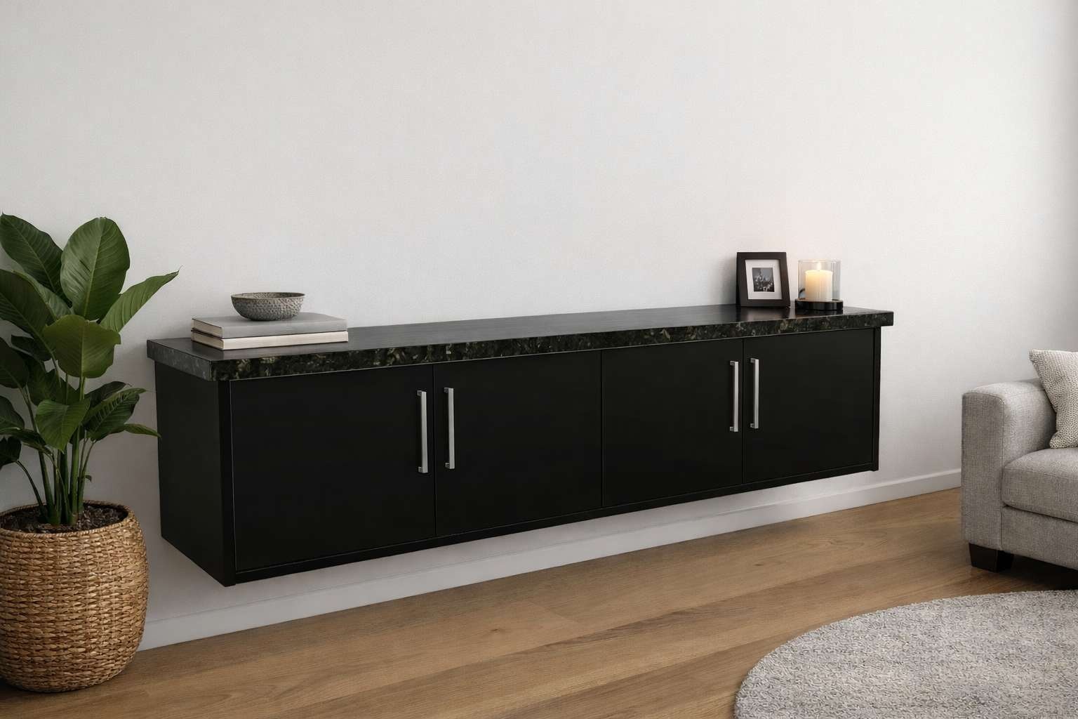Floating entertainment cabinet for a TV wall, shown in a dark finish
