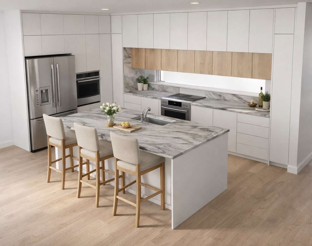 Bright custom main-floor kitchen with a large island and warm wood cabinetry