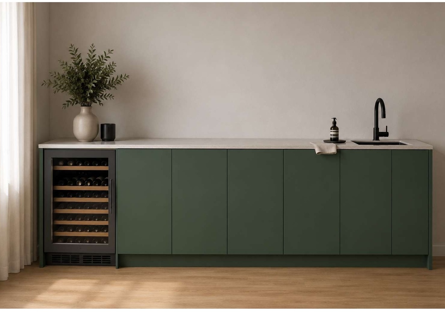 Custom green mini bar with integrated wine cooler, sink and countertop