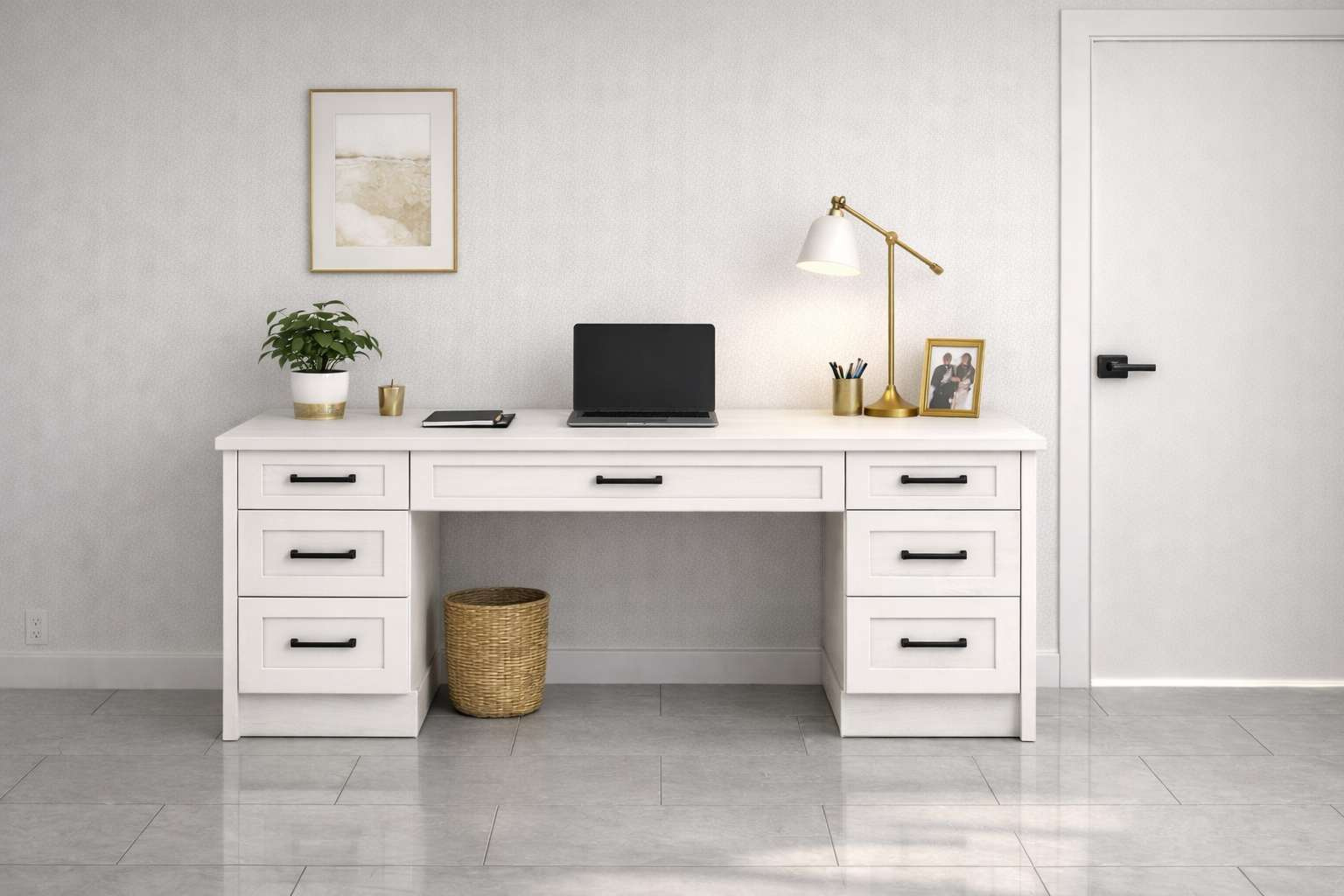 Custom office desk with a central work area and drawer storage on both sides