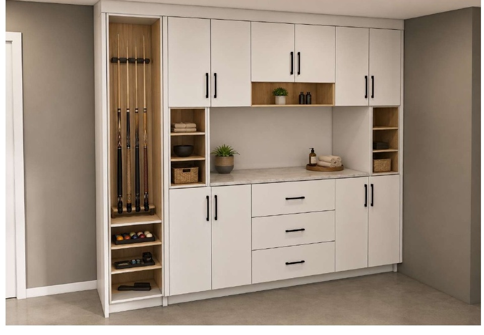 Custom game-room cabinet with an integrated rack for pool cues