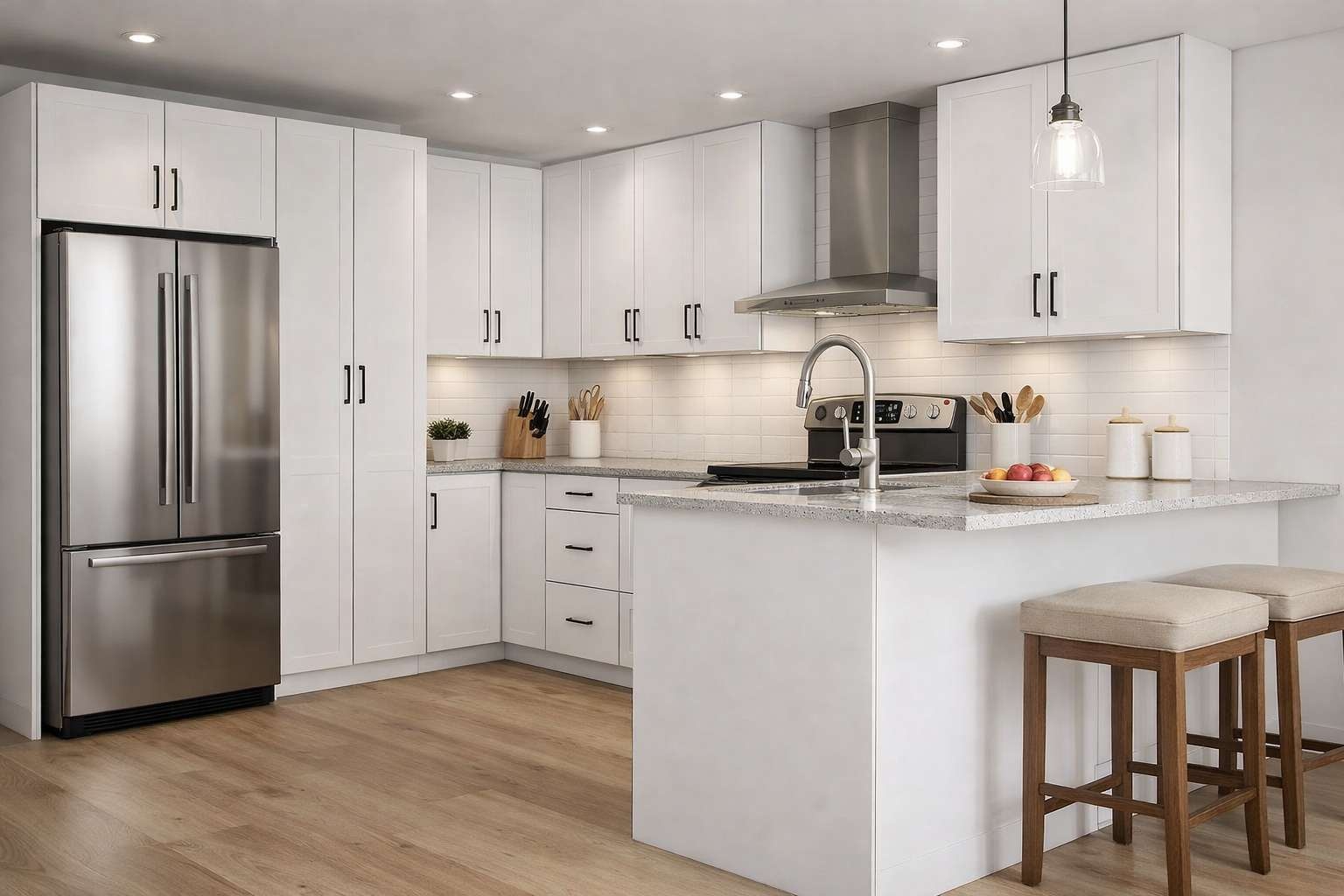 Custom kitchen cabinets and integrated appliance storage