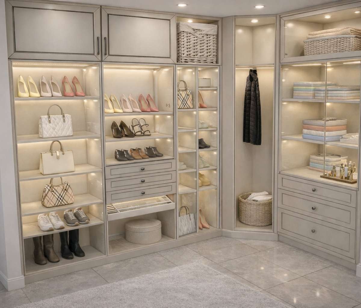 Custom illuminated walk-in closet with tailored display storage